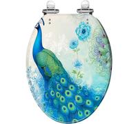 Asiento de inodoro decorativo alargado azul pavo real con plumas vibrantes y resina floral, bisagras de liberación rápida de cierre silencioso, fácil de limpiar e instalar