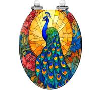 Asiento de inodoro decorativo alargado de resina de pavo real con colores vibrantes, cierre silencioso, bisagras de liberación rápida, fácil de limpiar e instalar