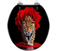 Asiento de inodoro decorativo con tapa, diseño de leopardo dorado y rosa roja, resina negra, bisagras de cierre silencioso, fácil de limpiar e instalar