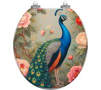 Asiento de inodoro decorativo de resina con plumas de pavo real, peonías pastel suaves, forma redonda, cierre silencioso, bisagras de liberación rápida con tapa, fácil de limpiar e instalar
