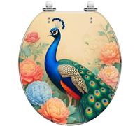 Asiento de inodoro decorativo redondo de resina con plumas de pavo real y flores florecientes, cierre silencioso, bisagras de liberación rápida, fácil de limpiar