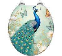 Asiento de inodoro decorativo redondo de resina suave pastel con mariposas de pavo real, flores blancas, cierre silencioso, bisagras de liberación rápida, fácil de limpiar