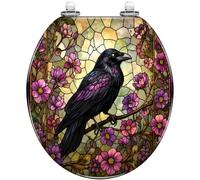 Asiento de inodoro genérico con bisagras de liberación rápida para baño | Diseño pintado sobre vidrio, cuervo negro, morado, floral, gótico, cierre silencioso, fácil de limpiar e instalar, con tapa.
