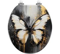 Asiento de inodoro redondo decorativo con bisagras de cierre silencioso, detalles dorados de mariposa negra y blanca, resina oscura abstracta, fácil de instalar