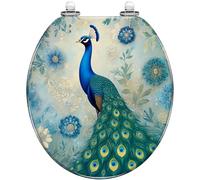 Asiento de inodoro redondo decorativo con plumas azules de pavo real, resina azul, cierre silencioso, bisagras de liberación rápida, fácil de limpiar e instalar