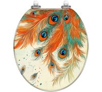 Asiento de inodoro redondo decorativo con tapa: pluma de pavo real, resina verde azulado, bisagras de cierre silencioso, fácil de limpiar e instalar