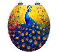 Asiento de inodoro redondo decorativo de plumas de pavo real, resina floral vibrante, cierre silencioso, bisagras de liberación rápida, fácil de limpiar e instalar