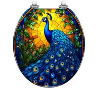 Asiento de inodoro redondo decorativo de resina con cierre silencioso, bisagras de liberación rápida, vidrieras iluminadas por el sol, plumas azules pavo real, fácil de limpiar