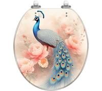 Asiento de inodoro redondo decorativo de resina con cubierta de plumas vibrantes de pavo real rosa suave, cierre silencioso, bisagras de liberación rápida, fácil de limpiar e instalar