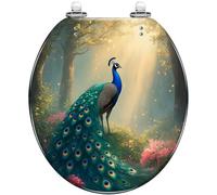 Asiento de inodoro redondo decorativo de resina con majestuoso pavo real iluminado por el sol, pluma vibrante, cierre silencioso, liberación rápida, fácil de limpiar e instalar