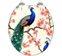 Asiento de inodoro redondo decorativo de resina con ramas de pavo real y flor de cerezo, cola vibrante, cierre suave, bisagras de liberación rápida, fácil de limpiar e instalar