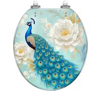 Asiento de inodoro redondo decorativo de resina con tapa, plumas de pavo real azul, peonías blancas, cierre silencioso, bisagras de liberación rápida, fácil de limpiar e instalar