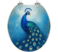 Asiento de inodoro redondo decorativo, elegante diseño de plumas de pavo real azul con detalles dorados, construcción de resina cielo, fácil de limpiar e instalar, cierre suave, bisagras de liberación