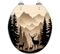 Asiento de inodoro redondo decorativo, resina negra con oso alce, diseño rústico de animales del bosque, bisagras de liberación rápida, cierre silencioso, fácil de limpiar e instalar