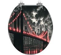 Asiento de inodoro redondo genérico de resina de agua, color negro y | Decoración con el horizonte urbano de Nueva York y el puente de Brooklyn, con cubierta y protectores, fácil de instalar y