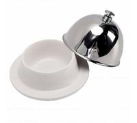 Asixxsix Mantequera de Cerámica con Tapa de Acero Inoxidable, Plato Redondo para Mantequilla y Queso con Cubierta de Cúpula de Acero Inoxidable, Bandeja Pequeña para Servir Platos de