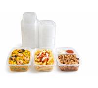 Atakito Envases desechables para alimentos con tapa bisagra - Taper plástico transparente para comida - Recipientes PP resistentes para hostelería, take away, delivery y almacenamiento (100, 750 cc)
