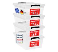 ATHLON TOOLS 4 cajas de almacenamiento de 12.5 L con tapa, aptas para alimentos, clips de cierre, caja de plástico 100% transparente, cajas de ropa apilables