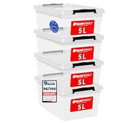 ATHLON TOOLS 4 cajas de almacenamiento de 5 L con tapa, aptas para alimentos, clips de cierre, caja de plástico 100% transparente, cajas de ropa apilables