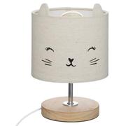 Atmosphera - Lámpara de Mesa Infantil con Forma de Gato - Beige - D 15 x H 23 cm - Pantalla de Lino, Base de Madera - para mesita de Noche, Dormitorio