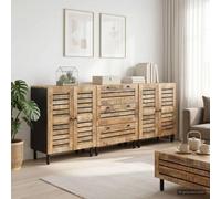 Atosonza Juego de 3 armarios de almacenamiento, 180 x 33 x 75 cm, madera maciza de mango natural, armario multiusos con cajones, puertas y pomos de latón para salón, dormitorio, oficina y pasillo