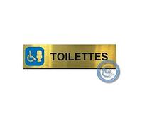 AUA SIGNALETIQUE Placa Puerta Inodoro Dorado de Aluminio Cepillado Minusválido+Cuenco, Oro, 200 x 50 mm