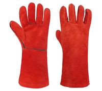 AUAUY Rojo Guantes de Trabajo, Largos de Cuero Resistentes Al Calor Guantes Electricista Soldador, Guantes Trabajo Hombre y Mujeres, Guantes Anticorte para Barbacoa, JardineríA, Horno