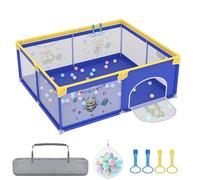 Aufun Parque infantil de tela Oxford 300D, con barrera de espuma antigolpes, red transpirable, cremallera, zona de juegos de seguridad para interior y exterior (azul, 150 x 180 cm)