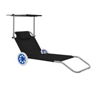 Augerqir Tumbona plegable con protección solar y ruedas, plegable de acero pulverizado, 146 x 63 x 55 cm, tumbona de jardín y tumbona de playa para balcón, terraza, piscina, camping al aire libre