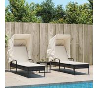 Augerqir Tumbonas de jardín con techo y mesa, polirratán negro, tumbona de jardín con protección solar, respaldo ajustable, cojín para terraza, balcón, piscina, resistente a la intemperie