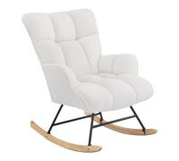 Aunekiv Silla Mecedora de Lactancia y Relax Tapizada de Peluche con Patines de Madera, Silla Balancín Cómoda con Reposabrazos para Salón, Dormitorio y Habitación de Bebé, Blanco