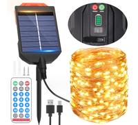 AUOPLUS Guirnalda de luces solares LED para exteriores, impermeables, con control remoto, funciona con energía solar, 8 modos y temporizador de 16 horas, color blanco cálido, luces de jardín que