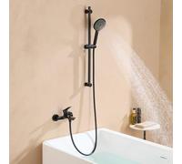 Auralum Grifo de bañera negra con alcachofa, Columna Ducha con Alcachofa de 3 funciones, Barra de Ducha de Acero Inoxidable 70 cm y PVC manguera de 150 cm, Grifo de bañera para baño, grifo ducha