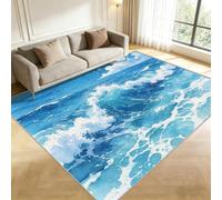 AUWUUA Alfombra de salón con diseño de mar Azul, 250x250cm, Lavable Alfombras Dormitorio, con Estampado de Olas de Playa, Antideslizante, Alfombra Decorativa 3D para baño y Comedor.