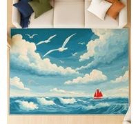AUWUUA Alfombra Lavable con diseño náutico de mar 250x250cm velero, Olas, Nube, Suave, para Dormitorio, Alfombra Grande Antideslizante para Sala de Estar, Oficina, Comedor, habitación Infantil