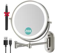 Auxmir 8″ Espejo Maquillaje con Luz Pared Recargable 3200mAh 1X/20X Aumento | Doble Cara Giratoria 360° con Brazo Extensible, 3 Colores de Luz y Brillo Regulable, Apto para Baño y Hotel, Níquel, Φ20cm