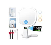 Auxmir Espejo Maquillaje con Luz, Doble Cara 30X/1X Aumento 56 Leds - 2500mAh Recargable USB, Pantalla Inteligente de Reloj y Batería, para Colgar en Pared o Uso de Mesa y Mano, Portátil para Viaje