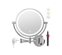 Auxmir Espejo Maquillaje con Luz Pared, Aumento 1X/30X Doble Cara Giratorio 360, Espejo Baño Extensible Táctil con Enchufe, 3 Colores Brillo Regulable, para Hotel, SPA, Plata