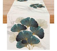 Avalune Camino de Mesa Hojas Verdes Invierno Decoración de Mesa Dorado Textura de Mármol Ginkgo Biloba Aspecto de Lino Moderno Lavable Decoración para Fiesta Reunión Familiar 40x240 cm