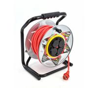 Awtools heavy duty power extension cable 50m red metal drum, 3x2.5 mm, 16A, 3680W, IP44 certified for outdoor use, perfect as a durable power outlet extender for reliable electricity access.