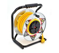 Awtools yellow heavy duty extension reel 40m, 3x1.5mm, 16A, IP44 neoprene material for outdoor use, CE certified, ideal power outlet extender.