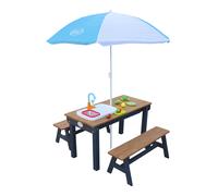 AXI Dennis Mesa de picnic de agua y arena para ninos hecha de madera | Con bancos, tapa, recipientes y fregadero | Gris y marron con parasol