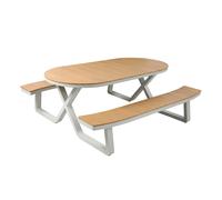 AXI Jax Mesa de picnic, ovalada, aspecto teca, para 6 personas, beige | Mueble de jardin con bancos integrados, aluminio y polywood | Conjunto para exterior | 200 x 190 x 75 cm