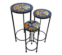AXI Lola Mesa redonda para plantas con mosaico azul/amarillo Juego de 3 piezas | Metal con teselas de mosaico de ceramica incrustadas | Mesa de jardin para jardin / balcon / terraza