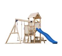 AXI Mette Parque infantil de madera con 2 columpios, Tobogan azul, mesa de picnic | Parque infantil al aire libre con arenero | Juegos de madera al aire libre