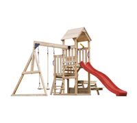 AXI Mette Parque infantil de madera con 2 columpios, Tobogan rojo, mesa de picnic | Parque infantil al aire libre con arenero | Juegos de madera al aire libre
