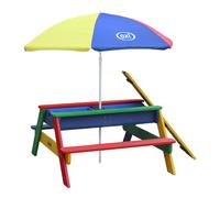 AXI Nick Mesa de picnic de agua y arena para ninos hecha de madera | Juego de agua y de arena con tapa y recipientes | Colores del arco iris con sombrilla para el jardin