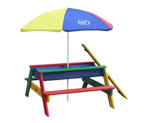 AXI Nick Mesa de picnic de agua y arena para ninos hecha de madera | Juego de agua y de arena con tapa y recipientes | Colores del arco iris con sombrilla para el jardin