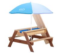 AXI Nick Mesa de picnic infantil de arena y agua de madera | Con tapa y recipientes | Marron con parasol para el jardin