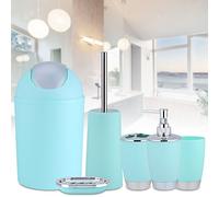 AYNEFY Juego de Accesorios de baño de 6 Piezas Estilo Moderno Kit de Cromo con Soporte para escobilla de Inodoro, Cubo de Basura, Soporte para Cepillo de Dientes, Vaso para jabón, Azul Claro